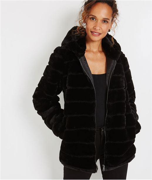 Manteau imitation fourrure à capuche NOIR