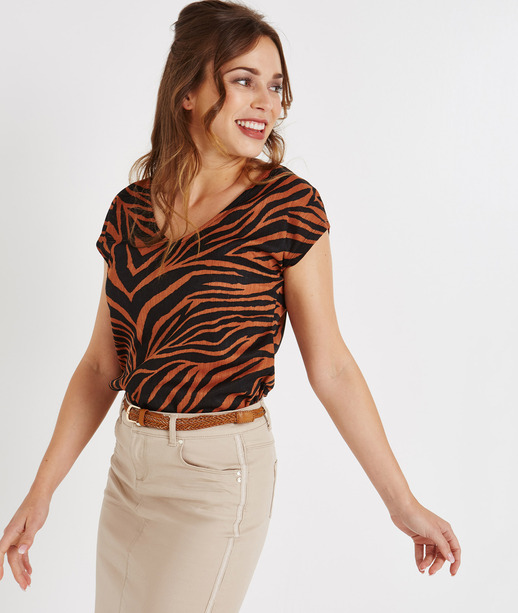 T-shirt manches courtes imprimé zèbre CARAMEL