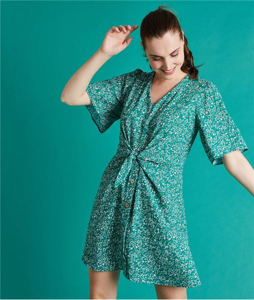 Robe imprimée avec boutons et noeud VERT