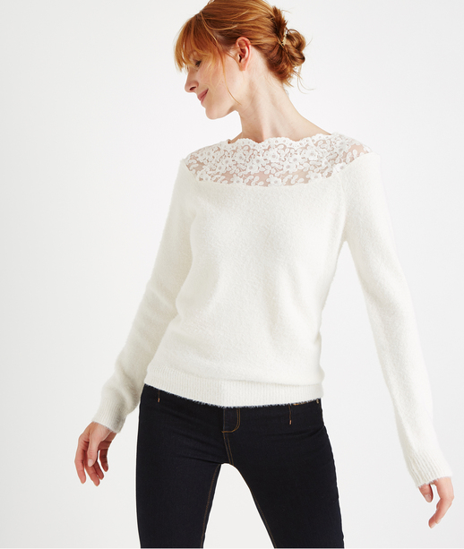 Pull tout doux avec épaules dentelle BLANC