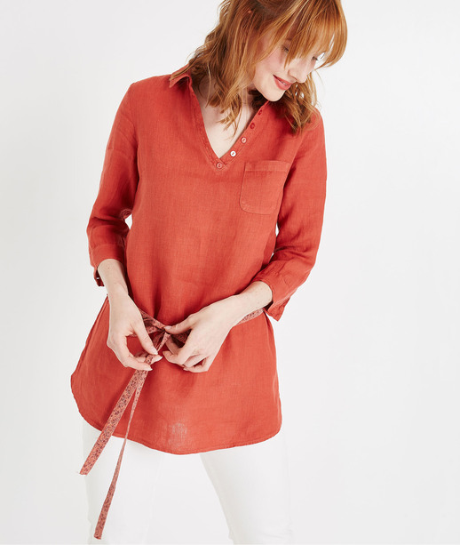 Liquette en lin colorée avec ceinture TERRACOTTA