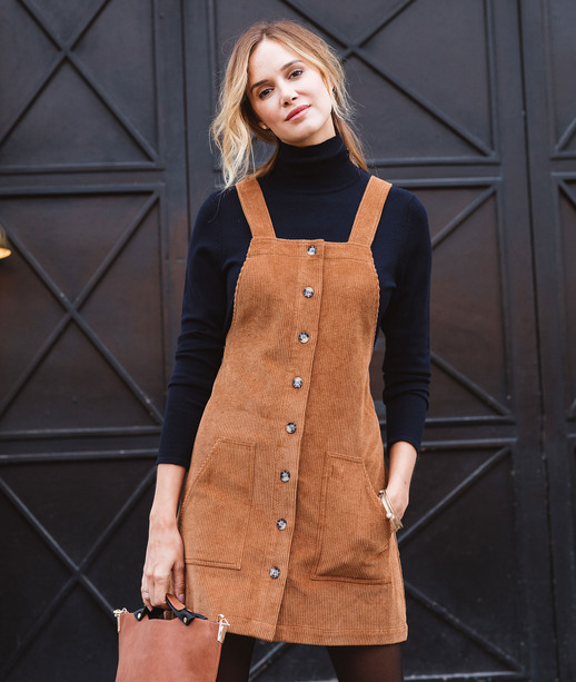 Robe salopette en velours côtelé CARAMEL