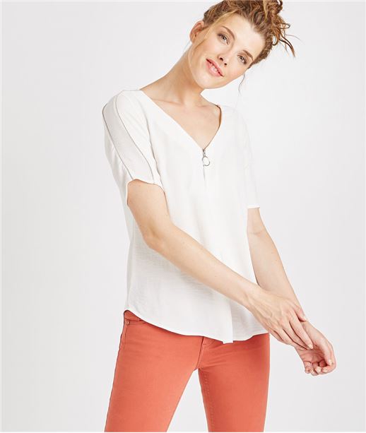 Blouse manches courtes décolleté zip ECRU