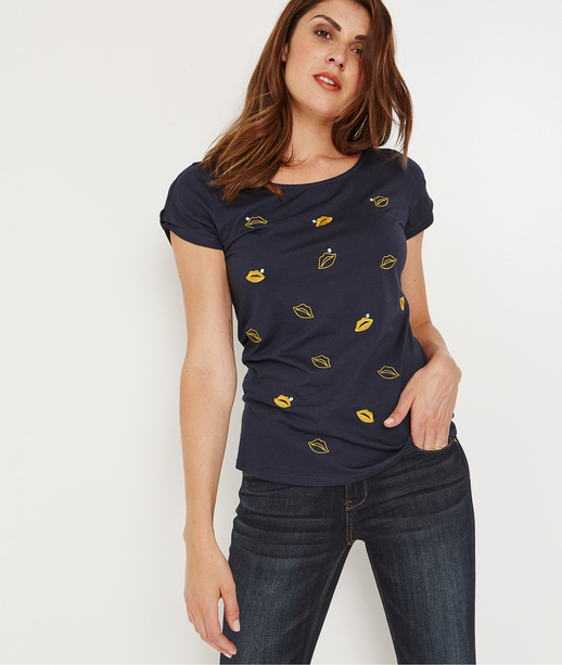T-shirt manches courtes bouches brodées MARINE