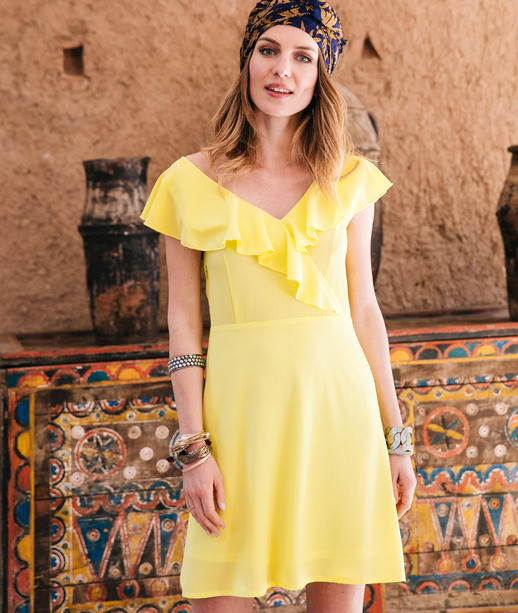 Robe jaune unie avec volants LEMON