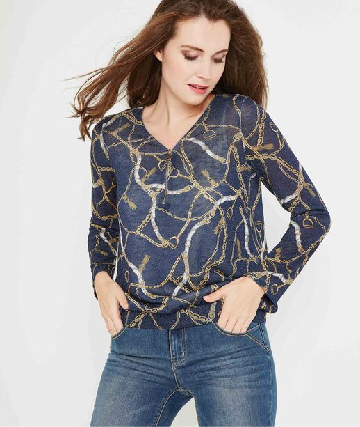 Pull zippé imprimé chaînes MARINE