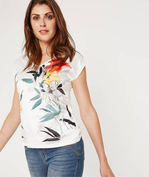 T-shirt bi-matières fleuri ECRU