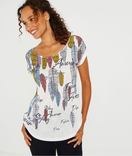 T-shirt écru imprimé plume ECRU