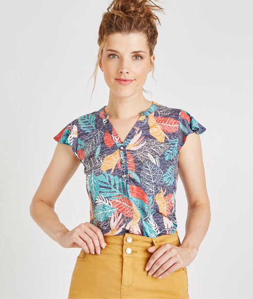 T-shirt imprimé feuillages avec boutons MARINE