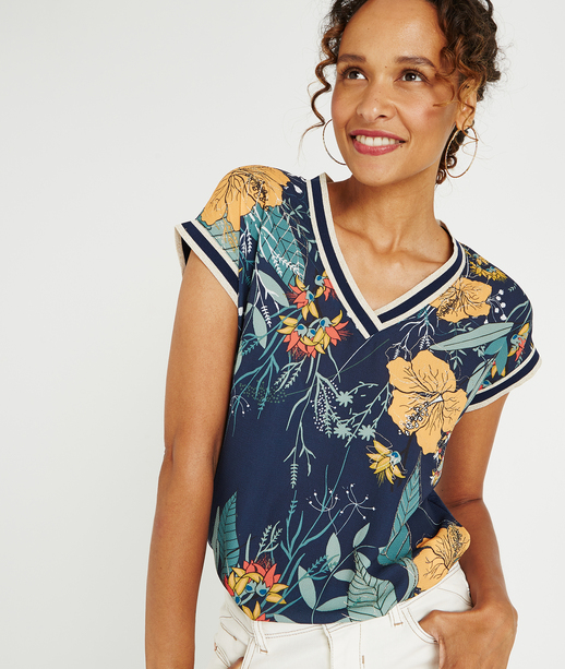 T-shirt bi-matières imprimé fleuri MARINE