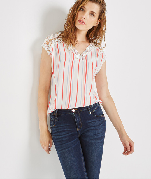 T-shirt manches guipure et rayures ECRU