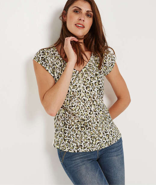 T-shirt bi-matières imprimé léopard ECRU