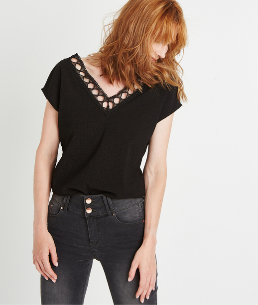 T-shirt uni noir ajouré NOIR