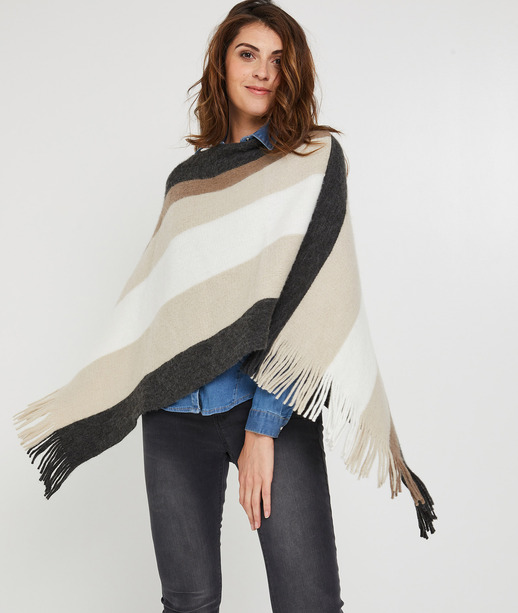 Poncho rayé avec franges BEIGE