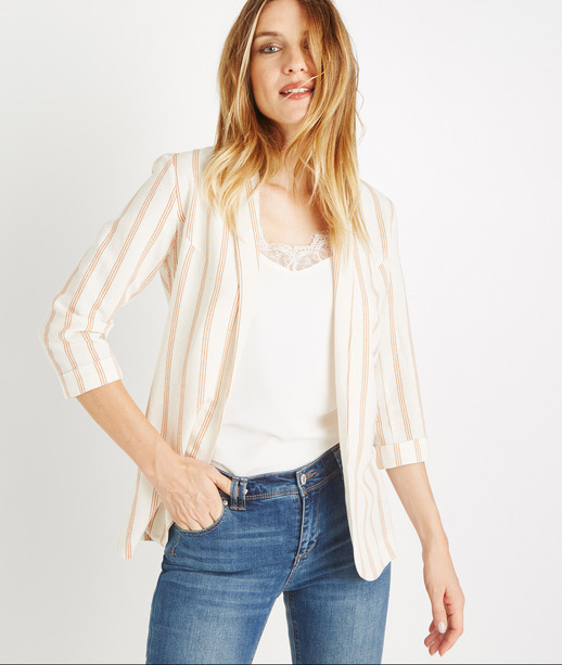 Veste tailleur rayée lin et coton BEIGE