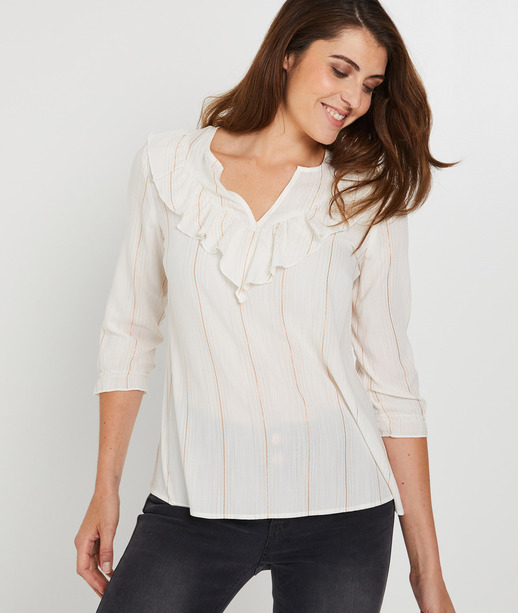 Blouse rayée avec col volanté ECRU