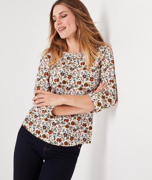 Sweat imprimé fleuri manches 3/4 ECRU