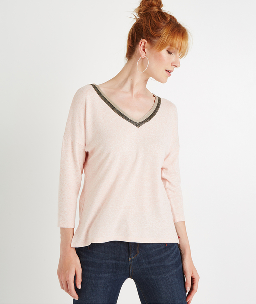 T-shirt manches 3/4 col V brillant ROSE
