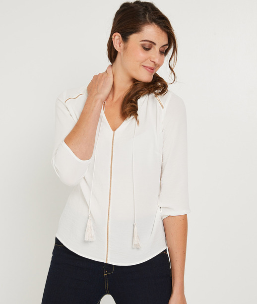 Blouse col V et galons dorés ECRU