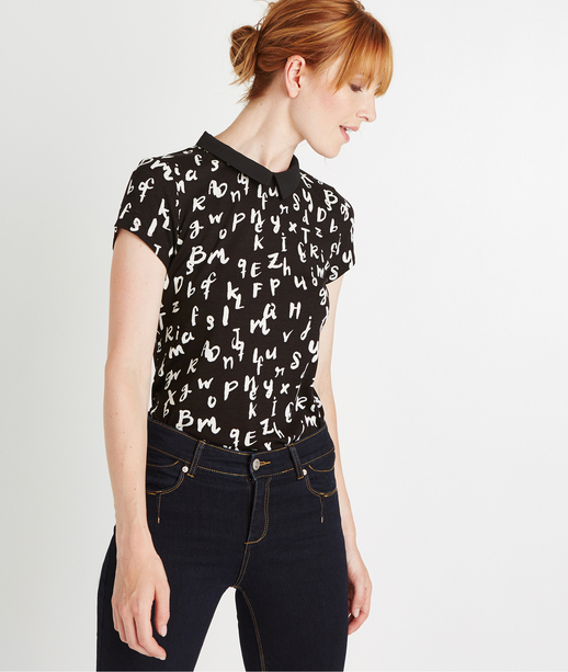 T-shirt manches courtes col claudine NOIR