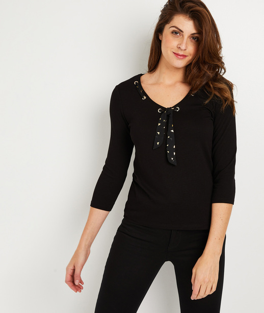 T-shirt uni avec ruban imprimé NOIR