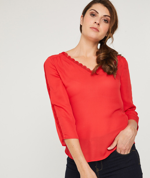 Blouse colorée col V avec dentelle ROUGE