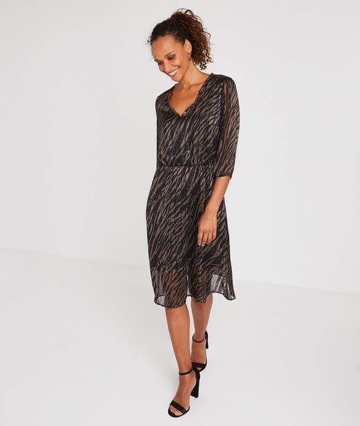 Robe mi-longue imprimé avec voilage KAKI