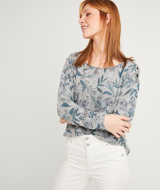 T-shirt imprimé fleuri femme GRIS