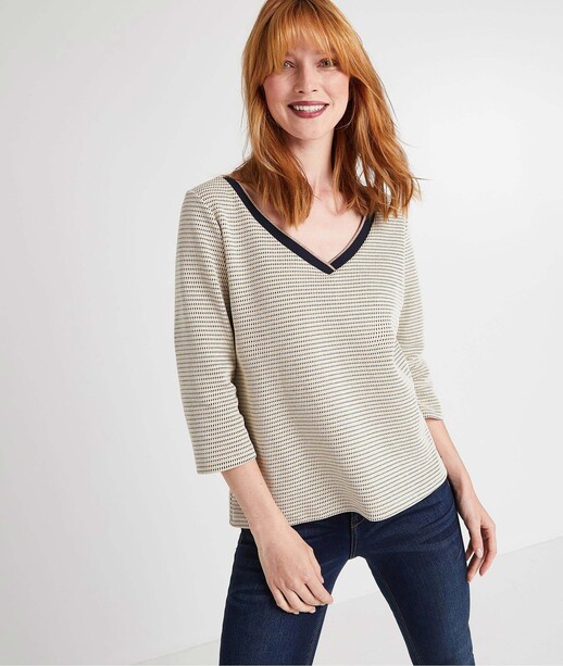 Sweat jacquard avec bord côte ECRU