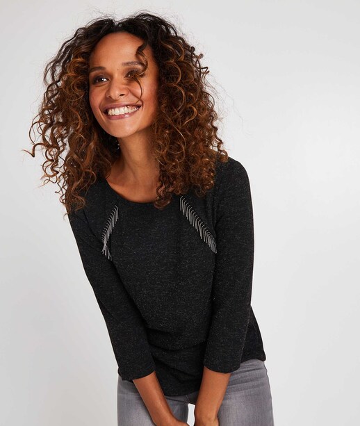 T-shirt manches 3/4 avec chaînettes GRIS