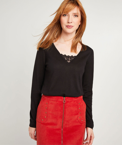 T-shirt noir col dentelle femme NOIR