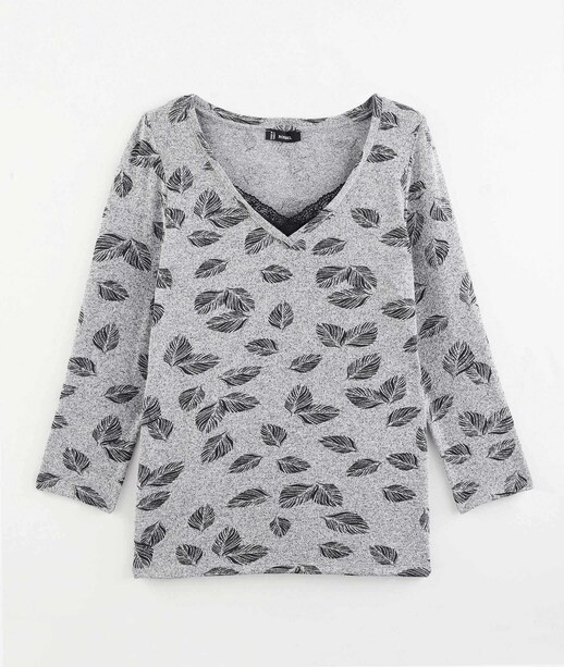 T-shirt imprimé plumes avec dentelle GRIS