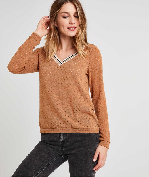 Pull ajouré avec col rayé femme MARRON