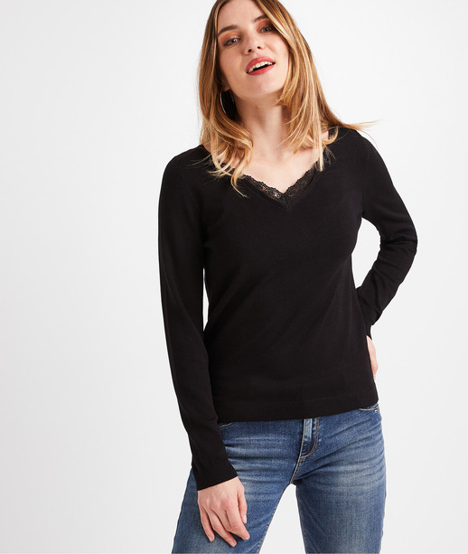 Pull uni avec dentelle femme NOIR