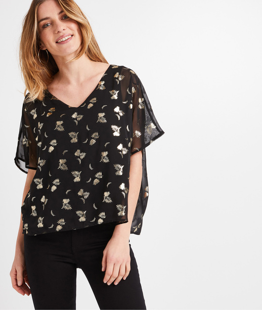 T-shirt voile imprimé femme NOIR