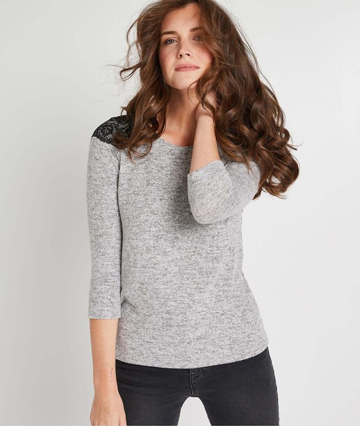 T-shirt gris avec dentelle femme GRIS