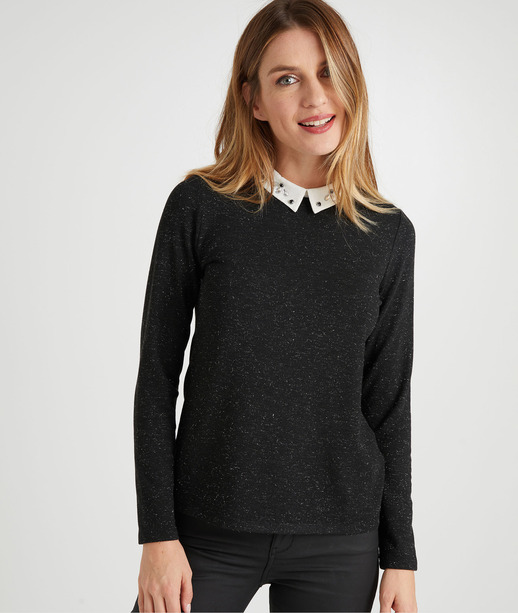 T-shirt noir col chemise femme GRIS