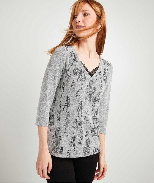 T-shirt gris avec dentelle femme GRIS