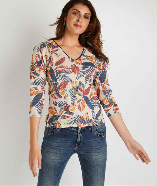 T-shirt imprimé feuilles femme BEIGE