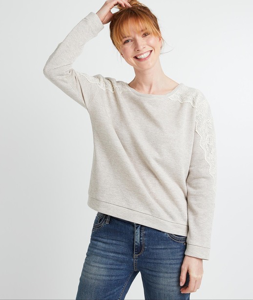 Sweat col rond avec dentelle femme GRIS