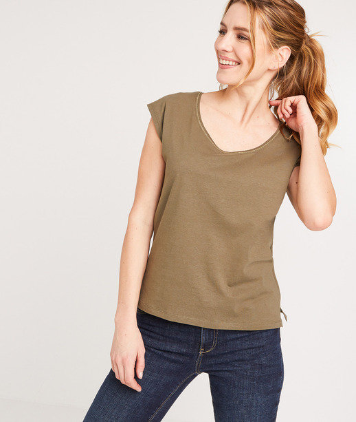 T-shirt en coton uni femme KAKI