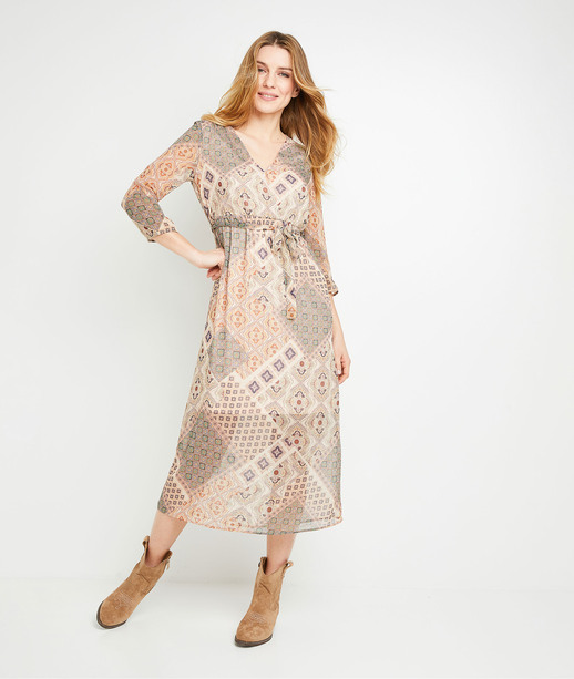 Robe mi-longue imprimée femme BEIGE