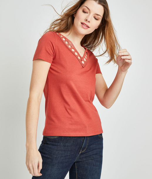 T-shirt uni col V femme TERRACOTTA