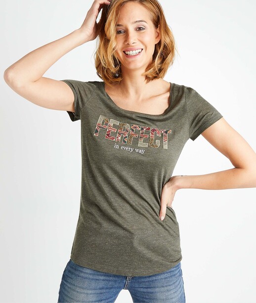T-shirt kaki à message femme KAKI