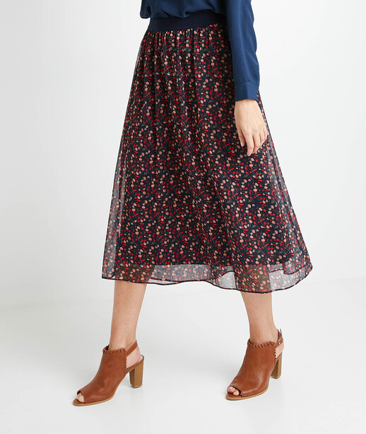 Jupe mi-longue en voile fleurie femme MARINE