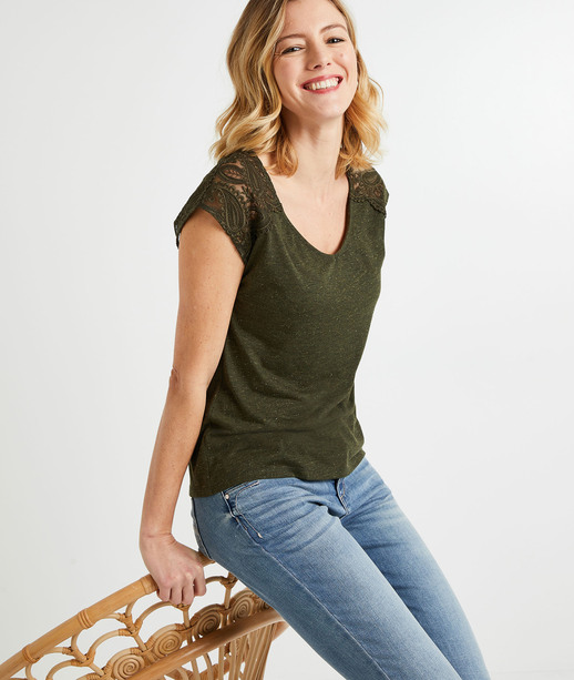 T-shirt uni brodé femme KAKI