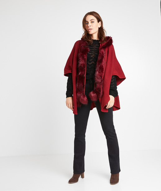 Poncho capuche et fausse fourrure femme ROUGE