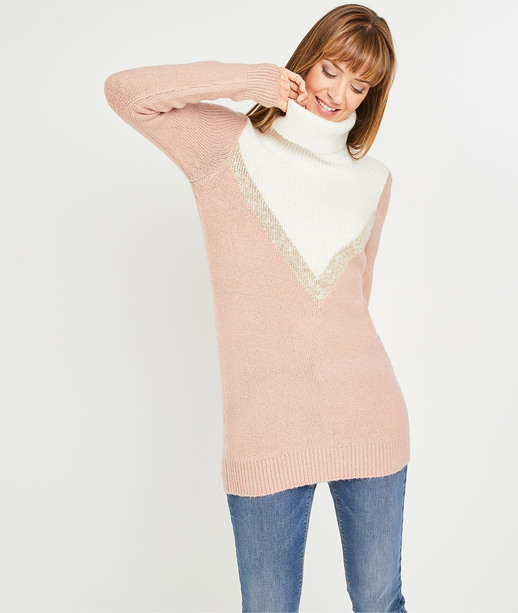 Pull col roulé color block femme ROSE