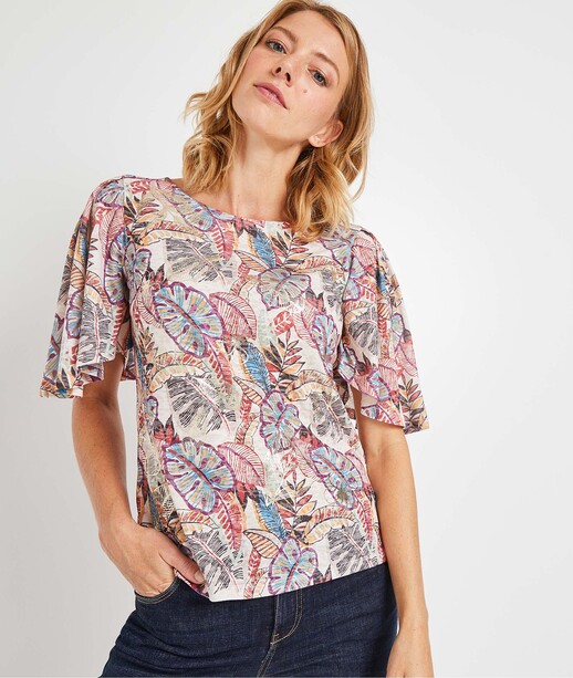 T-shirt imprimé tropical femme ECRU