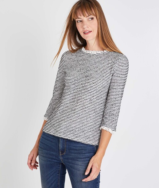 Pull rayé détails de broderie femme ECRU